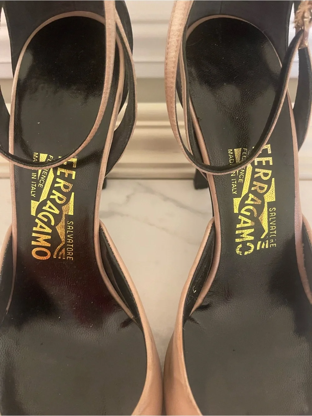 Salvatore Ferragamo Two-Tone Beige and Black Ankle-Strap Pumps
